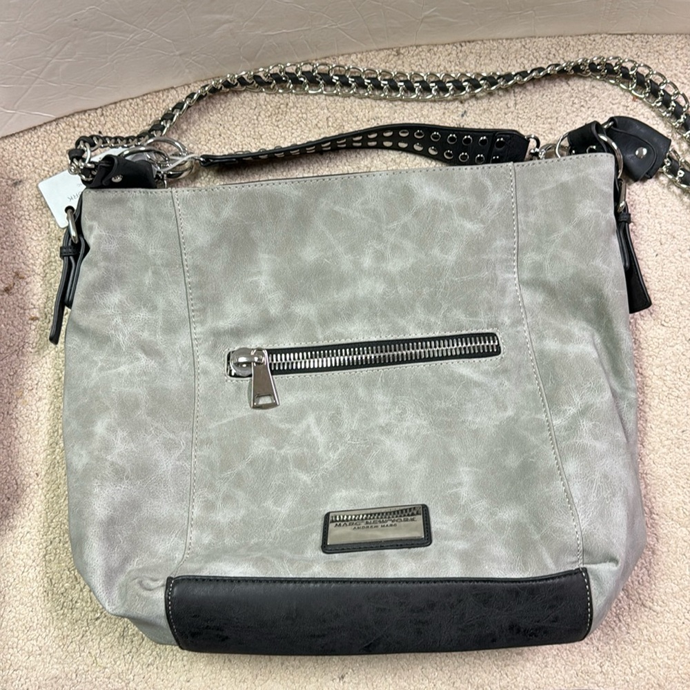NEW!! Women’s Andrew Marc Grey Faux Leather Hobo Bag With Black Trim